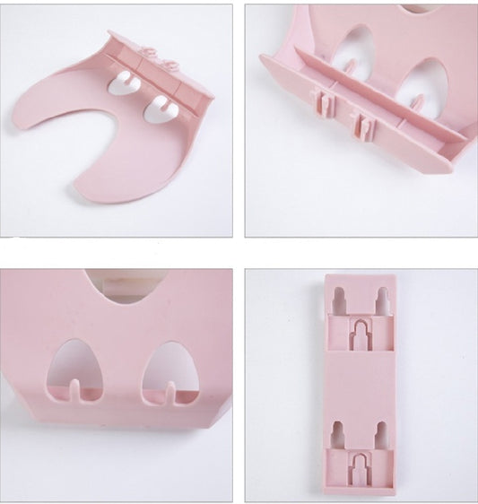 Collage of pink silicone product with multiple holes on a white background