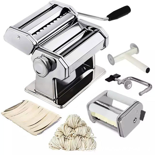 Pasta maker with attachments and pasta on a white background