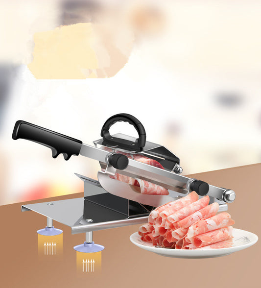 Meat slicer cutting meat into slices on a plate with a blurred background