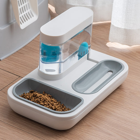Pet feeding and water station on a wooden floor