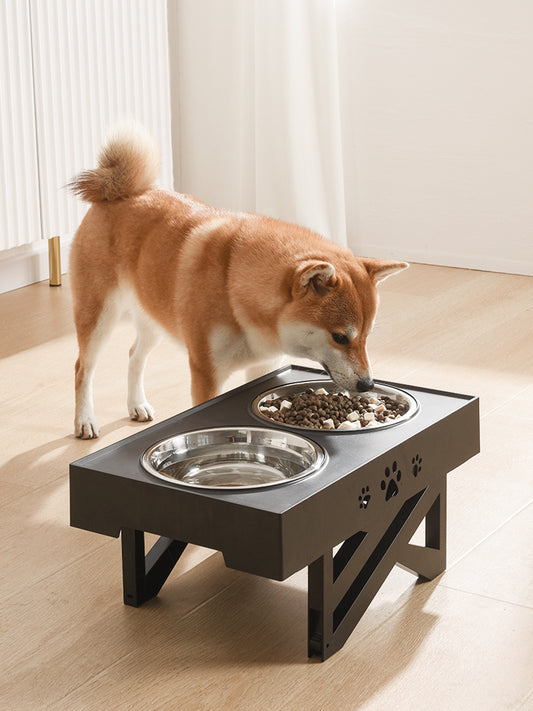 Dog eating from a raised metal bowl on a wooden floor.
