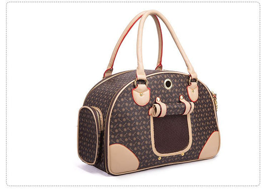 Pet carrier with brown and beige pattern on a white background