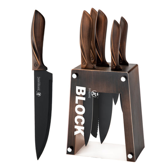 Set of knives with wooden handles and a Block knife block on a white background
