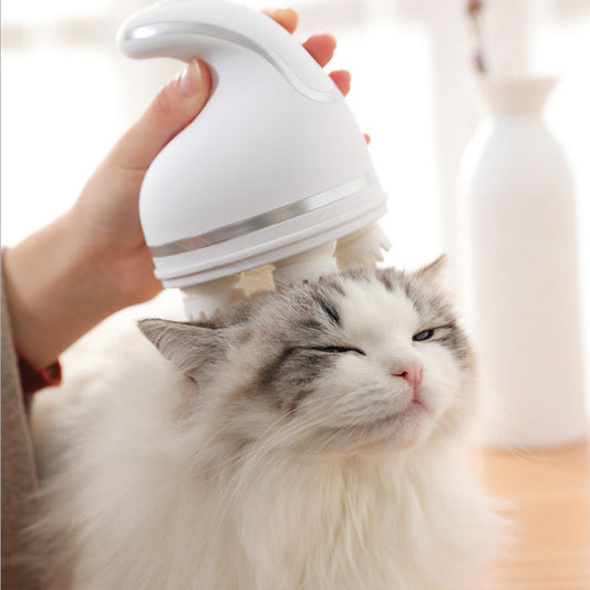 Person using a white pet massager on a cat