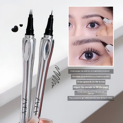 Two eyebrow pencils with an inset showing a person using them to shape eyebrows.