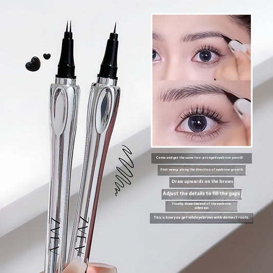 Two eyebrow pencils with an inset showing a person using them to shape eyebrows.