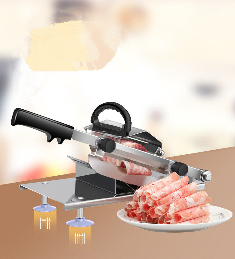 Meat slicer cutting meat into slices on a plate with a blurred background
