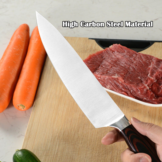 Knife with high carbon steel material held over a cutting board with vegetables and meat.