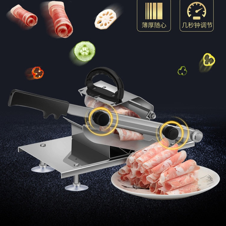 Meat slicer with sliced meat on a plate against a dark background