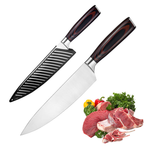 Two chef's knives with black handles on a white background, accompanied by raw meat and vegetables.