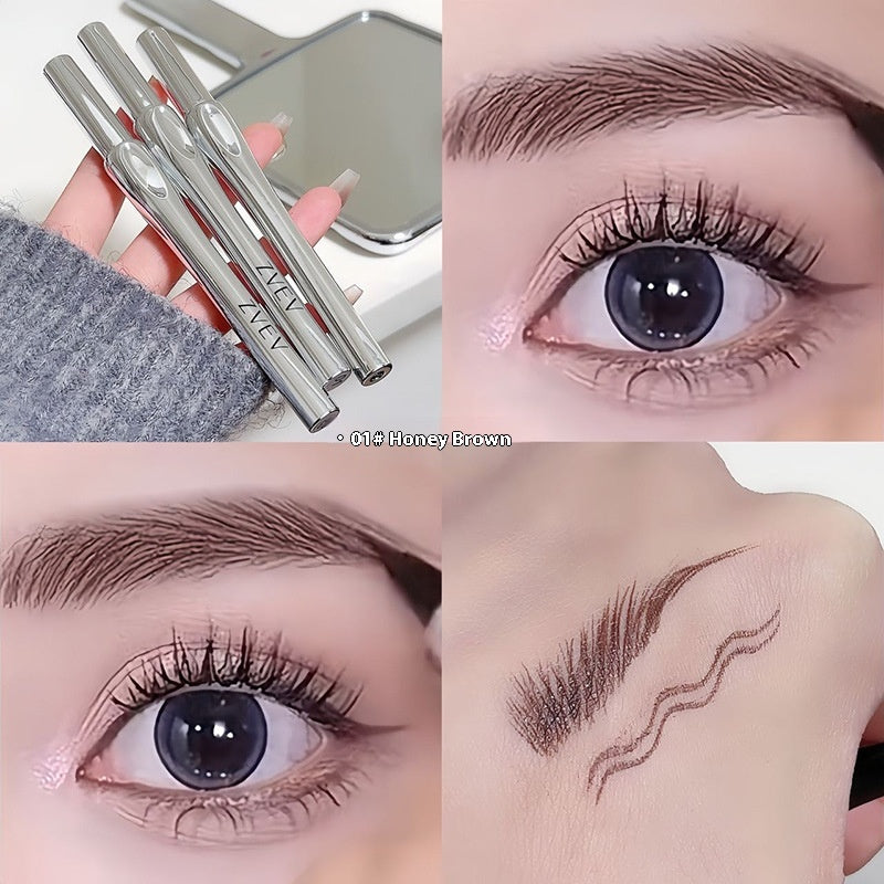 Eyebrow pencil with close-up shots of eye makeup application on a white background