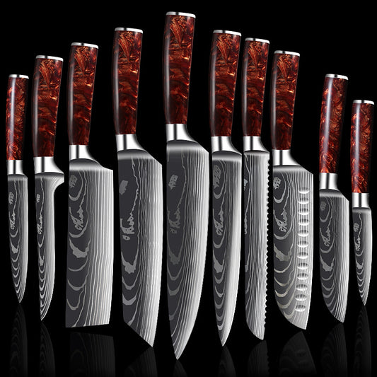 Set of knives with decorative handles on a black background