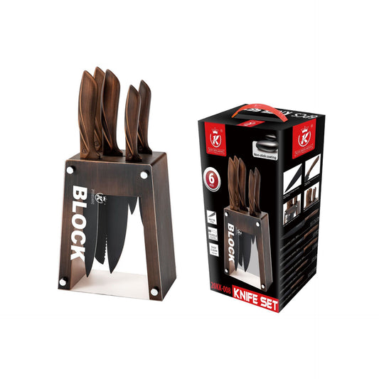 Knife set with wooden block and packaging on a white background