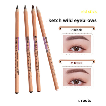 Eyebrow pencils with color options and before-and-after images on a beige background