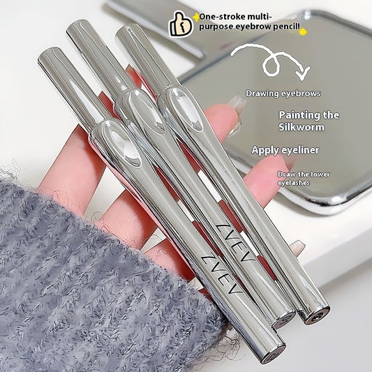Silver multi-purpose eyebrow pencil with branding held by a hand, with text on uses.