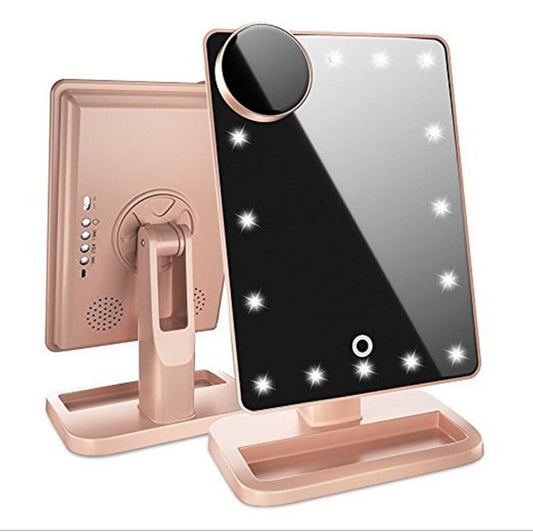 Wall mounted makeup mirror with LED lights and magnification

