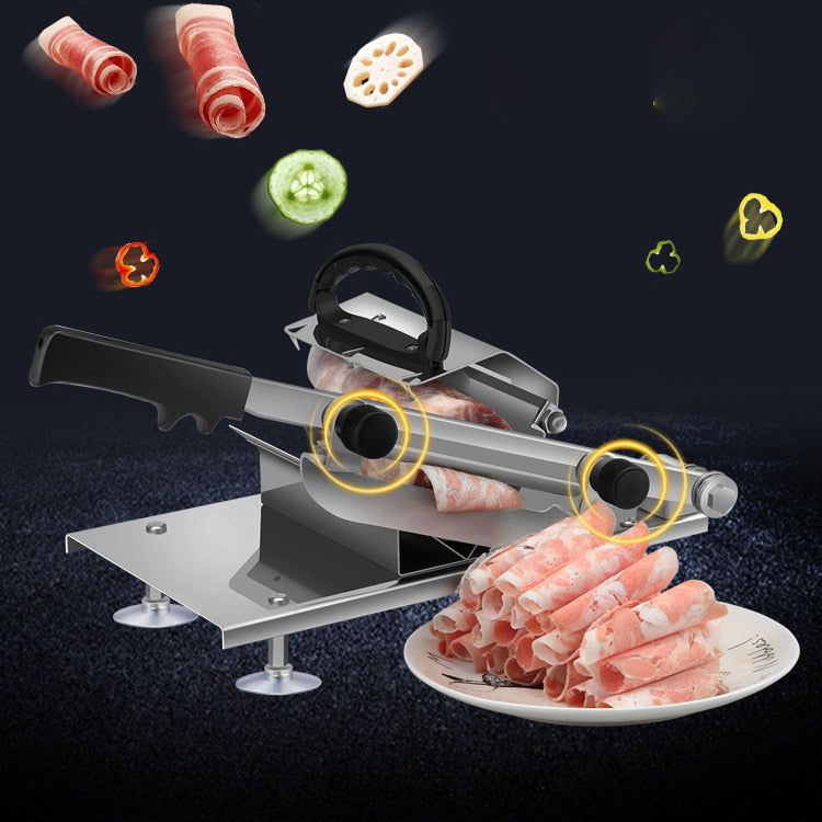 Meat slicer with sliced meat on a plate against a dark background