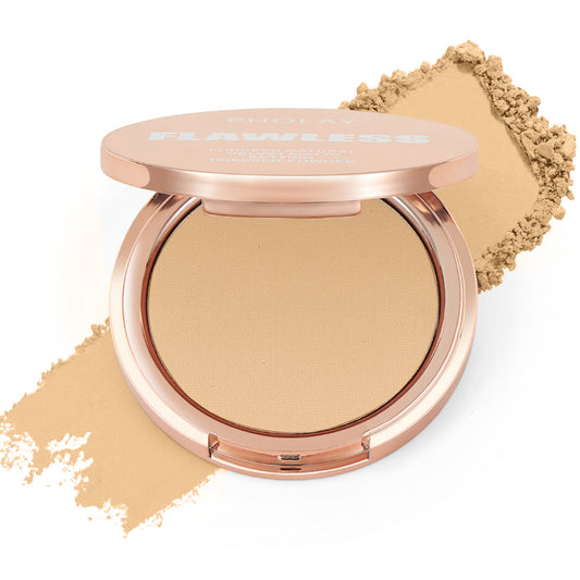 Pressed powder foundation compact with applicator for matte, natural, and lightweight makeup coverage

